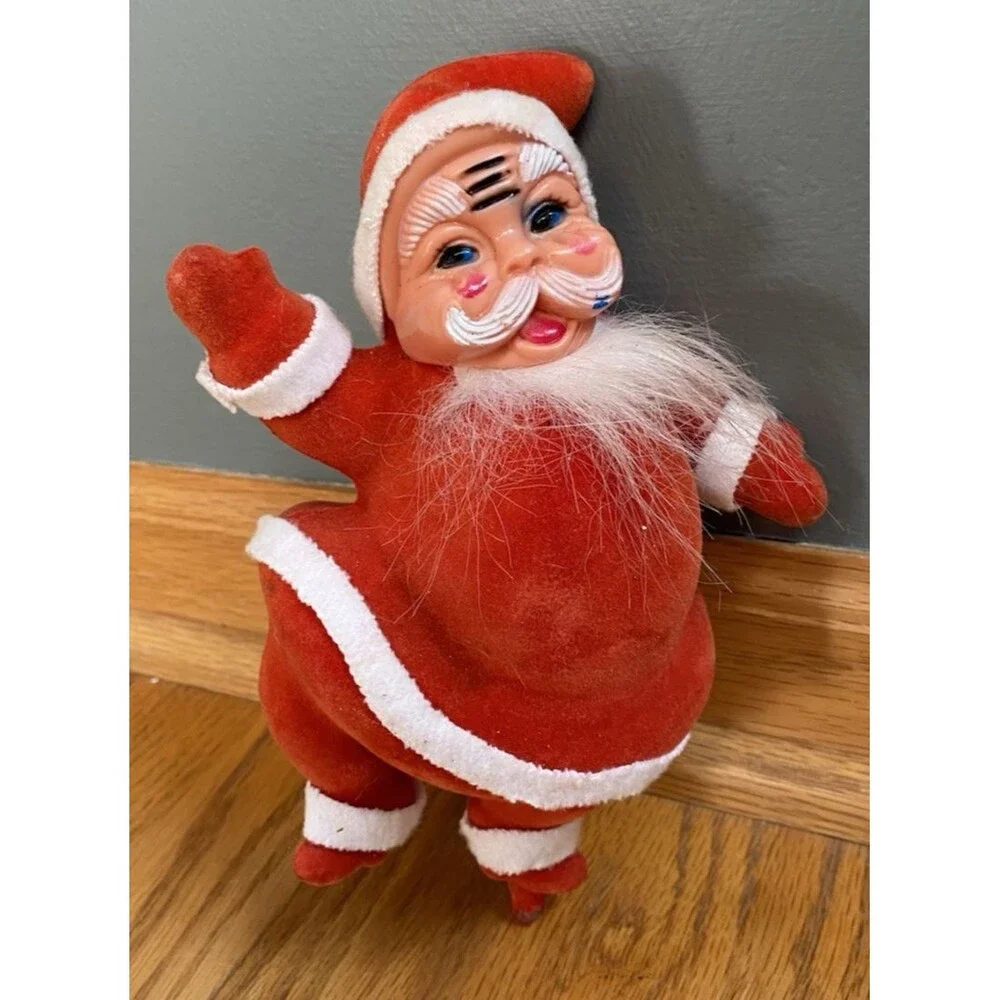 Vintage Christmas Flocked Waving Santa Claus Figure Leg Up Large 8.5